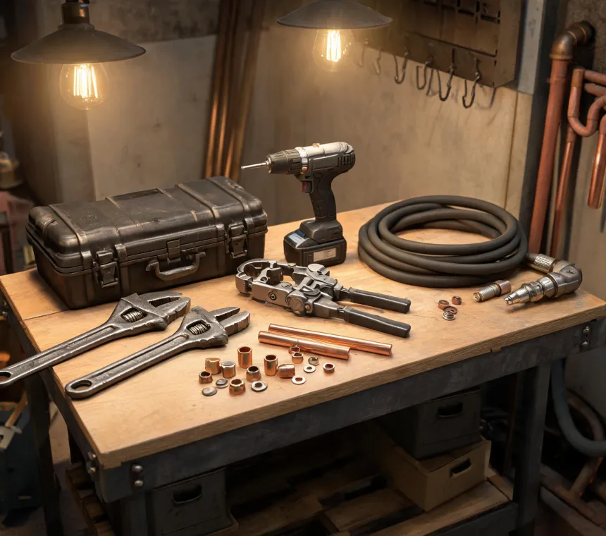 Ridgid tools on a professional plumbing workbench